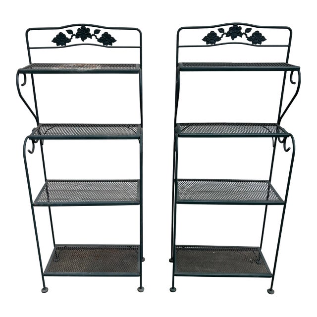 Mid to Late 20th Century Wrought Iron Metal Mesh Green Garden Bakers Racks Shelves, A Pair For Sale