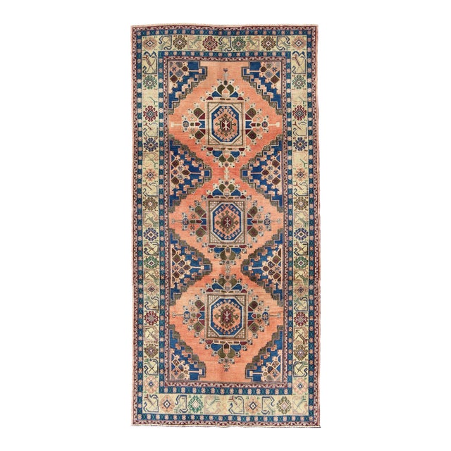 Vintage Oushak Rug From Turkey With Medallions in Salmon Pink and Blue 5'5 X 11'4 For Sale