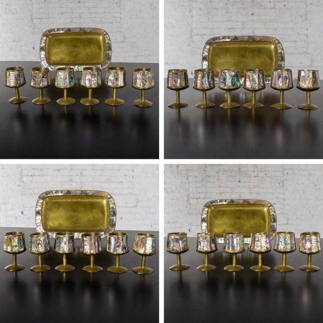 Mid-20th Century MCM 6 Cordial Stemmed Shots and Tray Set Abalone and Brass From Taxco Mexico For Sale - Image 16 of 18