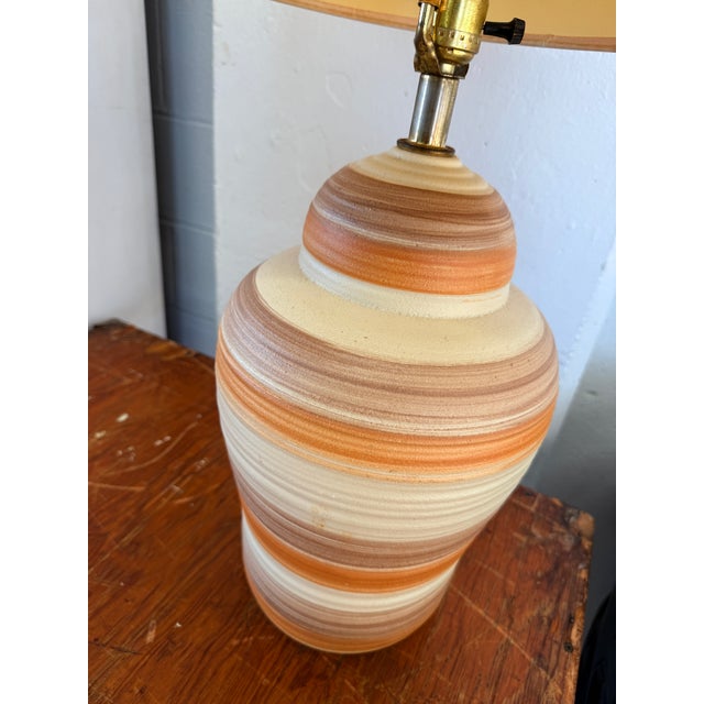 1960s 1960s Turned Studio, Pottery Ceramic Lamp, Striped Orange, and Cream Glaze With Shade For Sale - Image 5 of 6