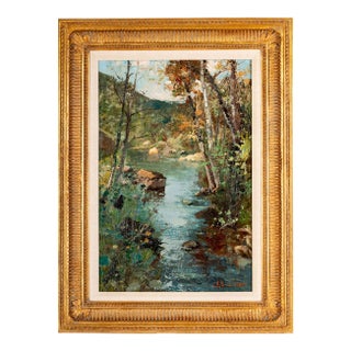 Mid 20th Century Ezelino Briante “Hidden River” Signed Italian Landscape Oil Painting in Gilt Frame For Sale