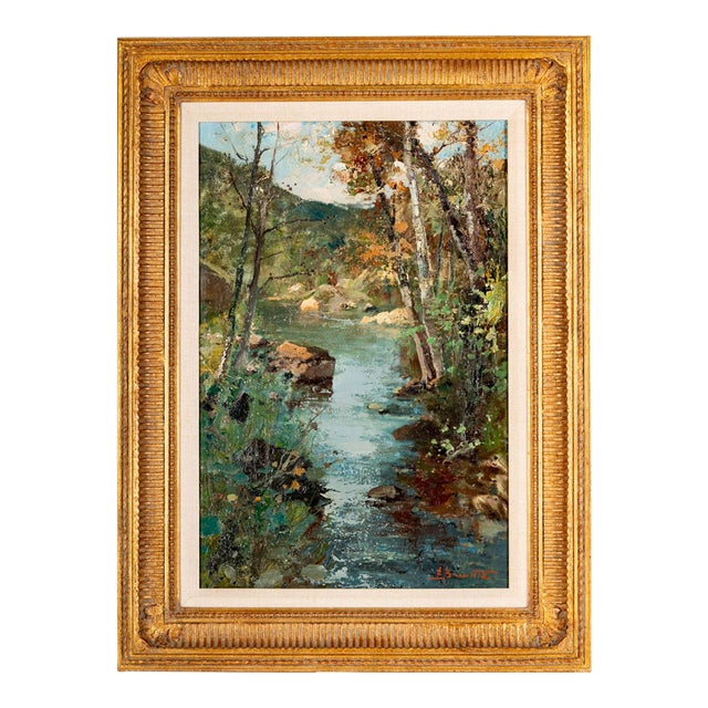 Mid 20th Century Ezelino Briante “Hidden River” Signed Italian Landscape Oil Painting in Gilt Frame For Sale