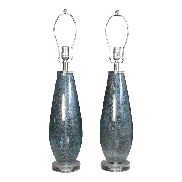 Mid 20th Century Mezza Murano Style Aqua Frost Lamps - a Pair For Sale