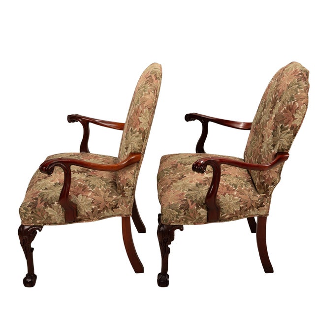 1970s George II Revival Open Arm Floral Claw Footed Arm Chairs - A Pair For Sale - Image 9 of 13