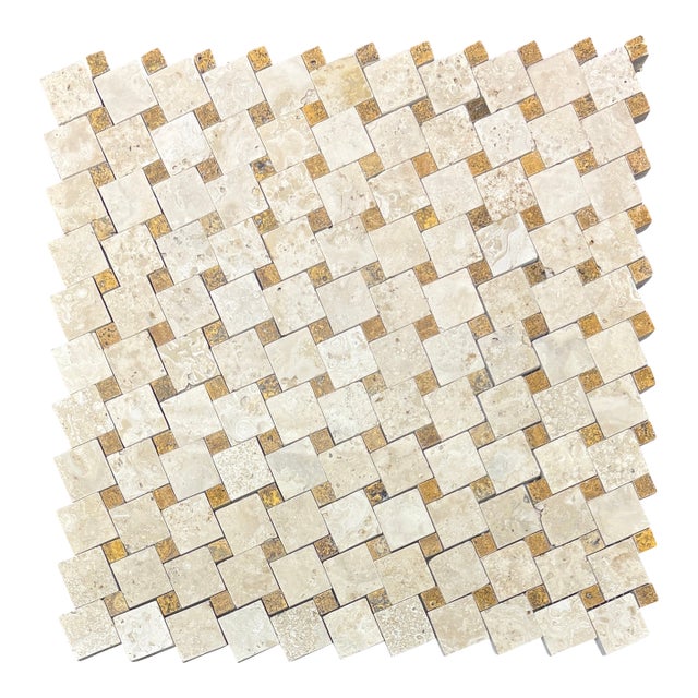 Angers Travertine Polished Dropset Mosaic With Gold Travertine Dots For Sale