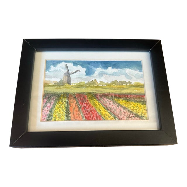 “Flower Fields With Windmill” Framed Original Watercolor by Nancy Smith For Sale
