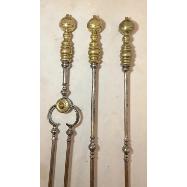 Arts & Crafts 3 Huge Antique 1800s Wrought Iron Turned Brass Fireplace Tools Shovel Poker Tong For Sale - Image 3 of 13
