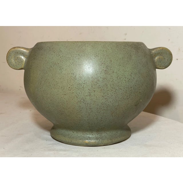 American Vintage Handmade Green Pottery Vase Planter Pot Fine Ceramic Footed W/ Handles For Sale - Image 3 of 10