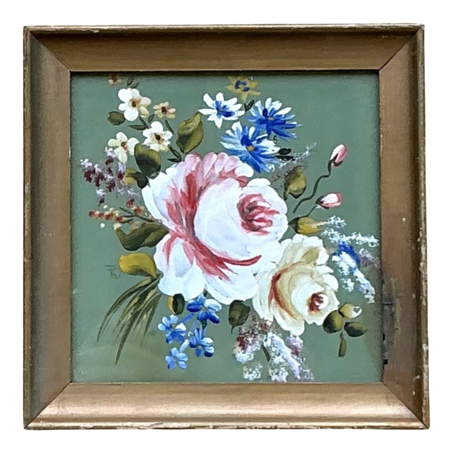 Vintage Floral Oil Painting in Wood Frame For Sale