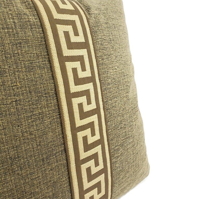 2020s Tan and Black Textured Chenille With Brown and Cream Greek Key Trim Pillow Cover - 20" X 20" Solid Textured Chenille Cushion Cover For Sale - Image 5 of 7
