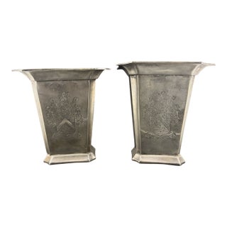 Silver Tapered Shaped Engraved Coat of Arms Urn Pair For Sale