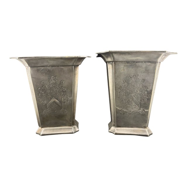 Silver Tapered Shaped Engraved Coat of Arms Urn Pair For Sale