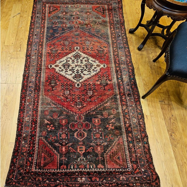 Vintage Persian Hamadan Rug, Hand-Knotted Wool, Geometric Medallion Pattern, Moss Green & Red, 4x7 For Sale - Image 4 of 18