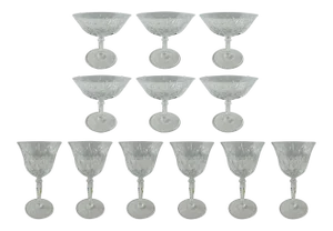 Hand Cut Crystal Wine/Water Glasses and Dessert Bowls, a Set 12