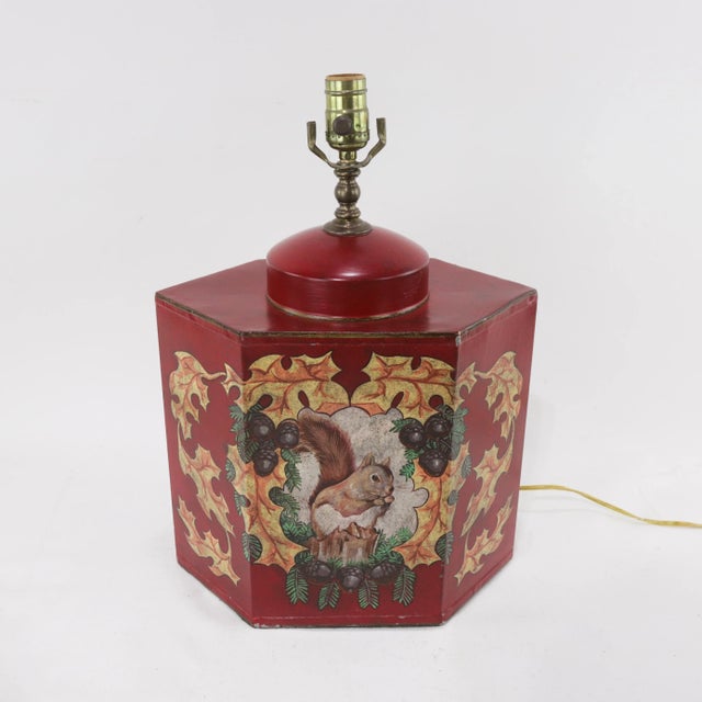 Vintage colorful hand-painted autumn squirrel hexagonal tea can table lamp W 13 " D 7.5" H 18"