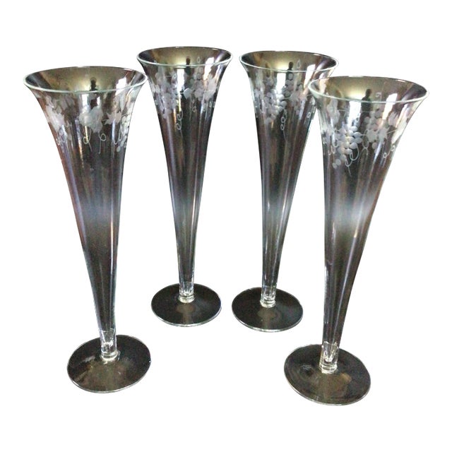 Etched Grape and Leaf Flared Mouth Hollow Stem Trumpet Champagne Flutes-Set of 4 For Sale