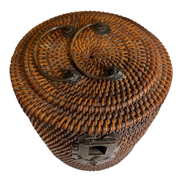 Antique Chinese woven wicker teapot carrier caddy. Cunning metal hinges and lock. Metal spout opening over lock for...
