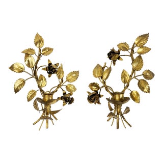 Vintage Italian Gilt Tole Rosette Candle Wall Sconces, a Pair For Sale