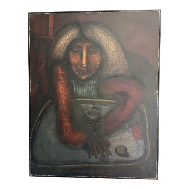 Tomoyshi Murayama (Japanese 1901 - 1977) Oil on Canvas Surrealist "Portrait at Table" For Sale