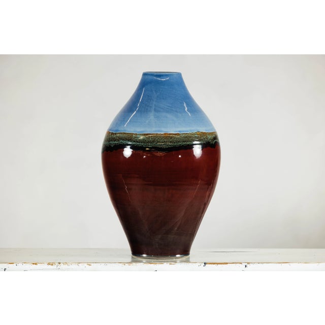 Large Glazed Ceramic Vase with Blue, Green, and Brown Tones For Sale In New York - Image 6 of 12
