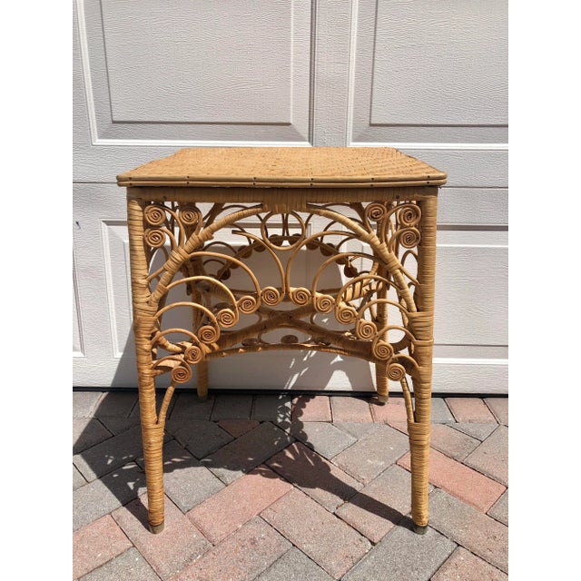 Boho Chic Vintage 1970s Spanish Style Fiddlehead Scroll Rattan Side Table For Sale - Image 3 of 4