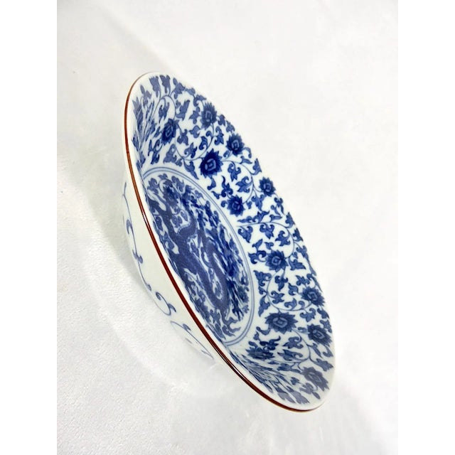 Late 20th Century Vintage Japanese Blue and White Porcelain Dragon Bowl or Plate With Flowers For Sale - Image 5 of 7