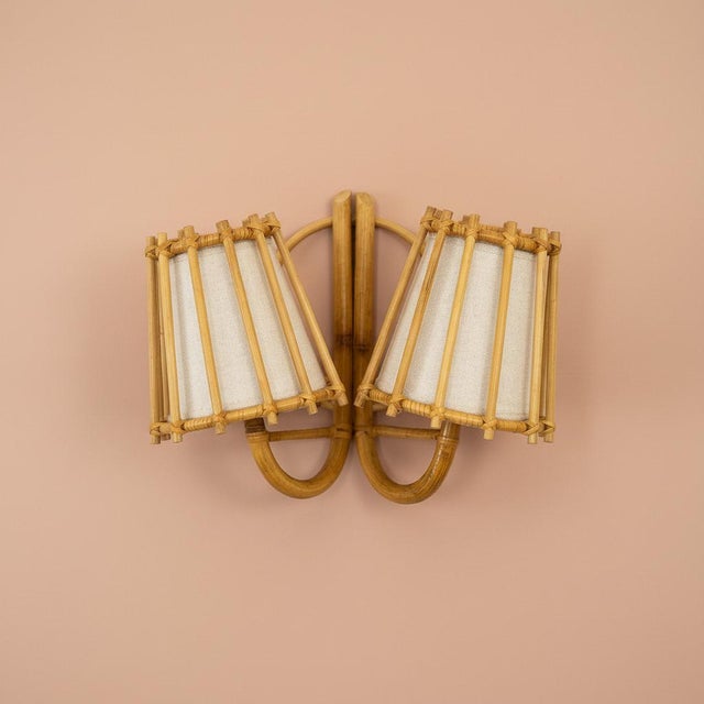 Mid-Century Modern Double Rattan Wall Sconce Handcrafted Pencil Reed Artisan Lighting For Sale - Image 3 of 6