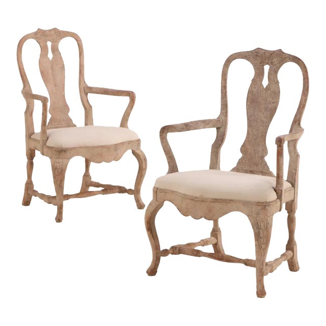 A Pair of Swedish Rococo Carved and Whitewashed Walnut Armchairs C 1940 For Sale