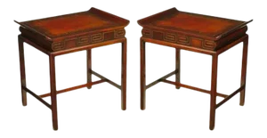 Curved Mahogany and Leather Top End Tables with Greek Key Reliefs - a Pair