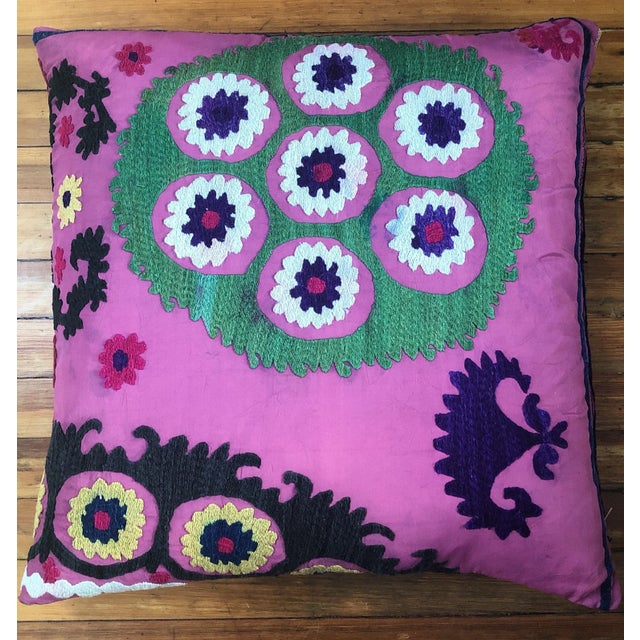 Exquisite vintage embroidered purple suzani pillows. Made in the late 20th century. Fashioned From a Vintage Uzbek Suzani.