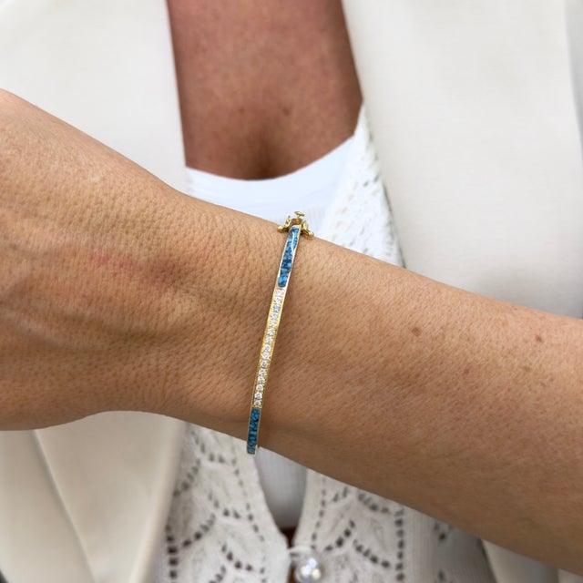 Gold Ladies 14k Yellow Gold 1.27ctw Diamonds & Turquoise Hinged Bangle Bracelet For Sale - Image 8 of 8