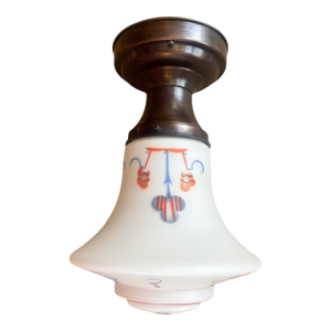 Arts and Crafts White Cased Glass Flushmount Fixture Circa 1915
