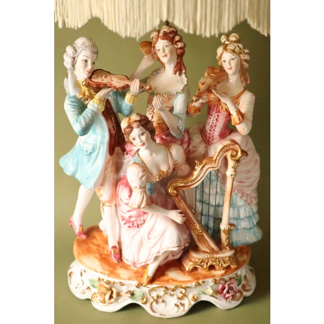 Capodimonte Vintage Italian Figural Porcelain Lamp With Fringed Shade - Courting Musicians Quartet For Sale - Image 4 of 10