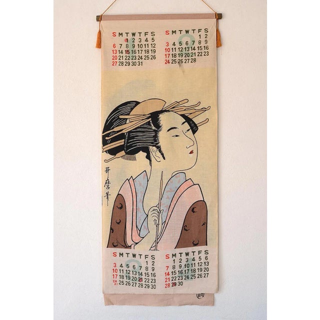 Japanese 1963 Japanese Dyed Fabric Kitagawa Utamaro Ukiyo-E Geisha Woodblock Wall Calendar For Sale - Image 3 of 12