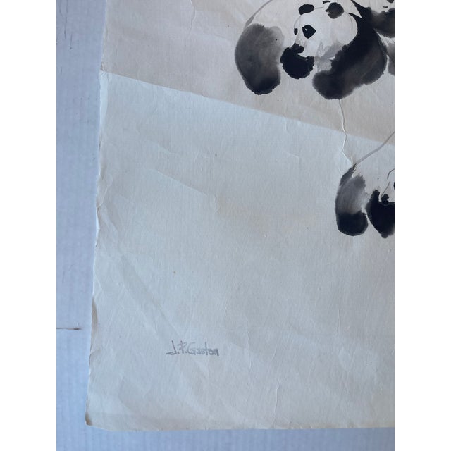 Black Vintage Chinese Brush Painting of Pandas by j.p. Gaston, Ink on Rice Paper, Signed. For Sale - Image 8 of 9