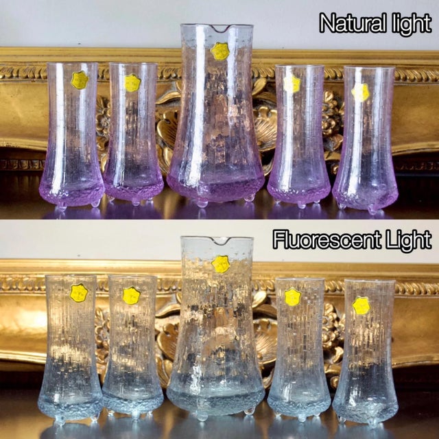 Rare vintage Italian G.P. neodymium glass pitcher and tumbler set, crafted from lead cristal and dating to the 1960s. This...