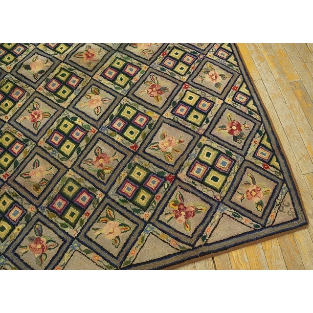 1920s Gray Geometric Folk Art Antique American Hooked Rug 4'2" X 5'6" Woven Wool Carpet For Sale - Image 9 of 12