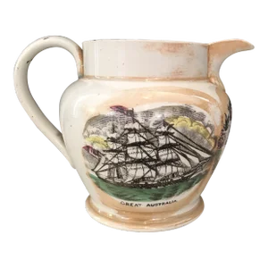 Mid 19th Century British Sunderland Lustreware Pitcher Depicting Schooner Great Australia