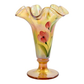 Signed Fenton Painted Opalescent Vase For Sale