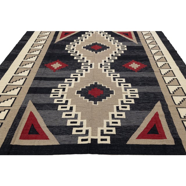 Charcoal Handmade Southwestern Modern Navajo Wool Area Rug in Charcoal, Slate, and Red For Sale - Image 8 of 8