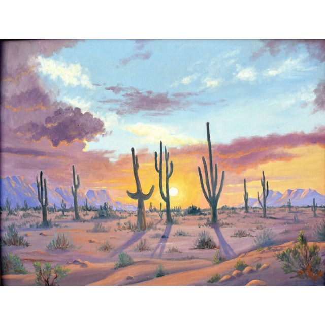 Mid Century Desert Cactus Sunset Landscape by Russell Dale Moffett Experience the splendor of the desert at sunset in this...