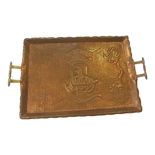 Hand Hammered and Hand Punched Copper Tray With Brass Handles From the South of France, Circa 1920 For Sale