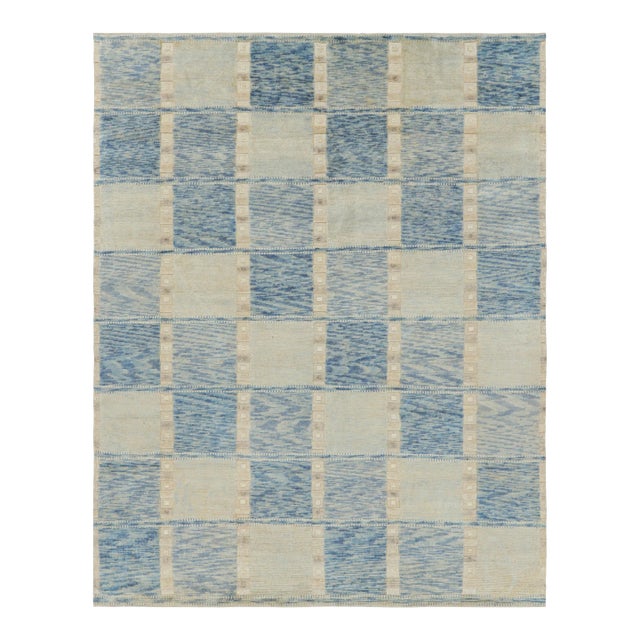 Rug & Kilim’s Scandinavian Style Rug in Blue and Cream With Geometric Patterns For Sale
