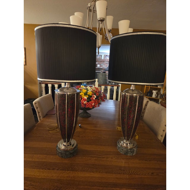 matching pair of vintage mid-century modern Hollywood Regency table lamps. Manufactured by the renowned Lawrin Lamp Co.,...