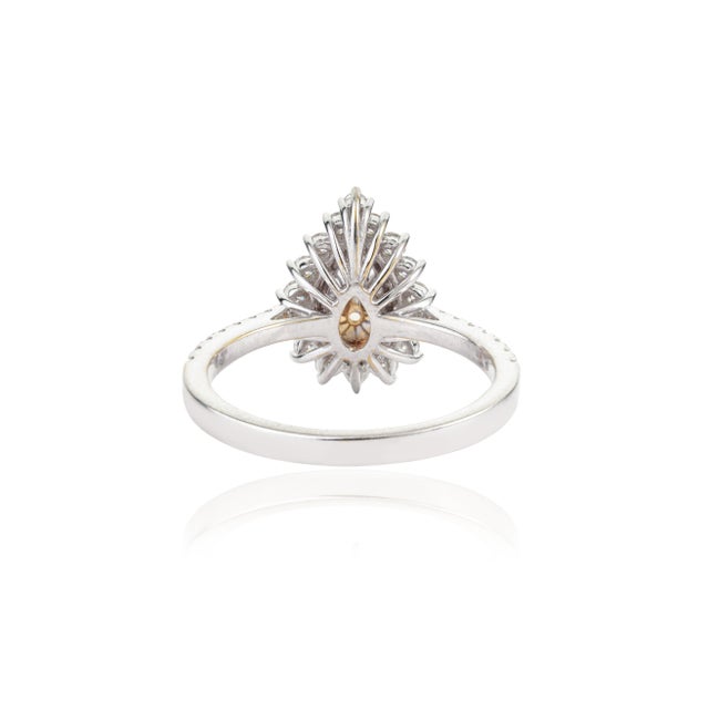 Transitional 1ct Yellow Diamond Double Halo 18k Gold Pear Engagement Ring Size 4 For Sale - Image 10 of 18