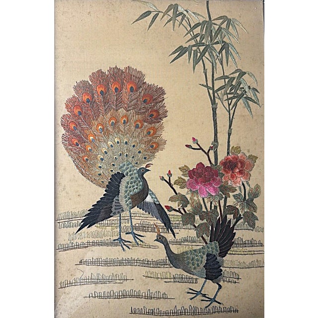Antique Chinese Silk Embroidery Panel With Peacocks, Peonies, and Bamboo For Sale - Image 4 of 18