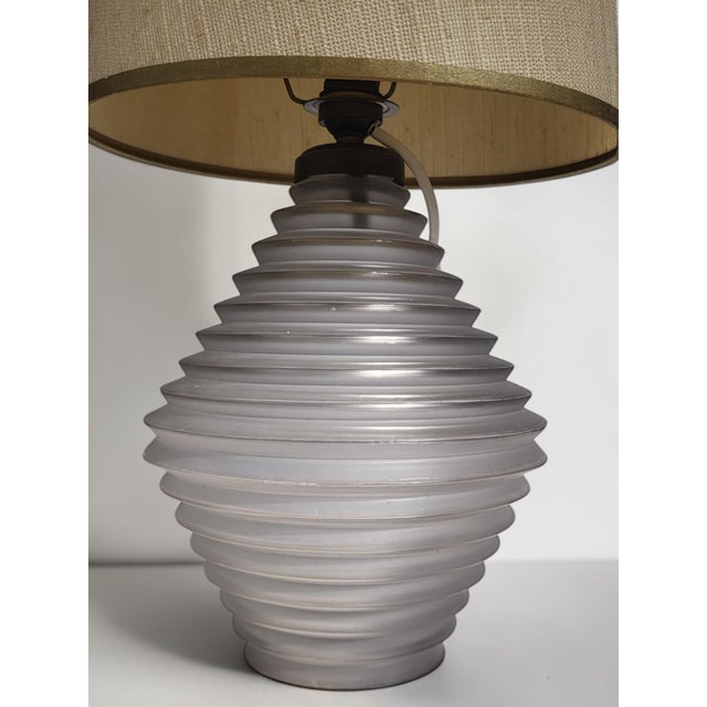 Antique satin-finished pressed glass lamp base, France, 20th century (circa 1930-1950). "Beehive" shape with concentric...