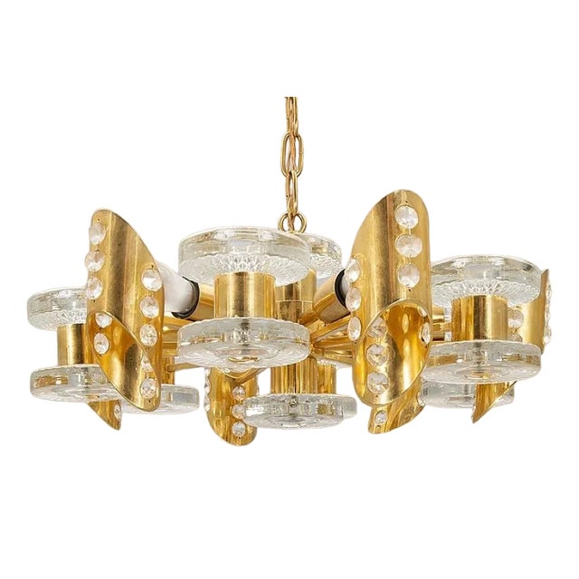 Scandinavian Chandelier in Brass and Glass from Orrefors, 1960s For Sale