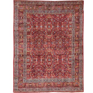 Large Antique Persian Fine Weave Tabriz in Red Background & Light Blue Guard Borders. For Sale