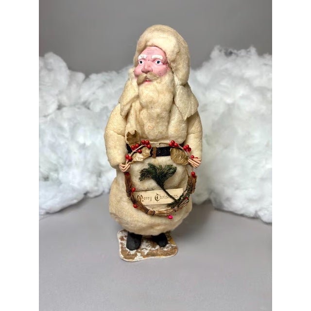 1920s Christmas Antique German Cotton Batting Santa With Christmas Wreath For Sale - Image 5 of 11